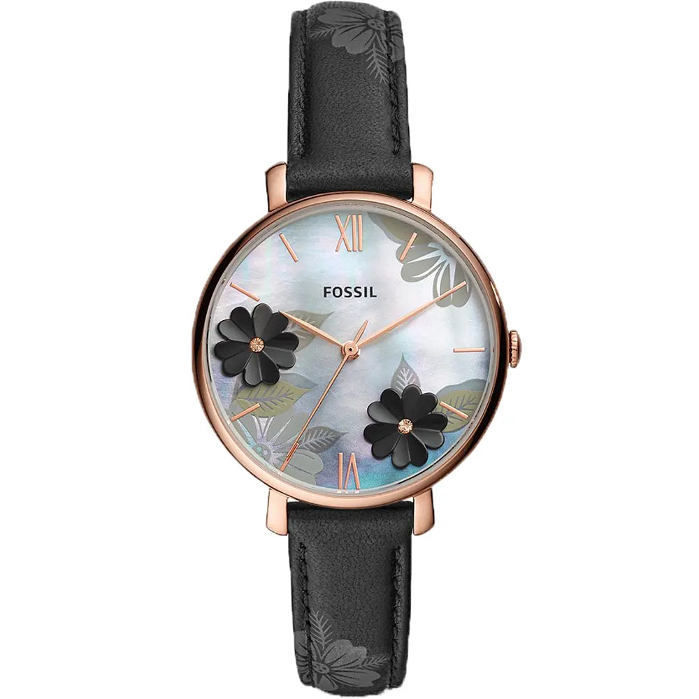 Fossil Jacqueline Mother of Pearl Dial Black Leather Strap Watch for Women - ES4535