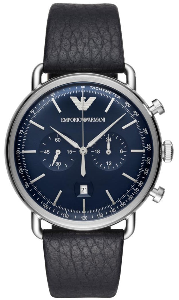 Emporio Armani Aviator Chronograph Blue Dial Blue Leather Strap Watch For Men - AR11105