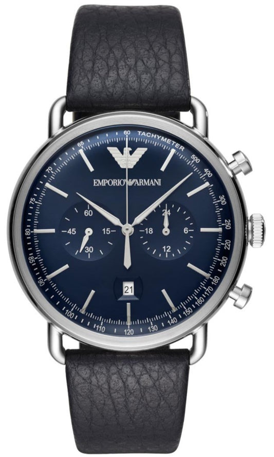 Emporio Armani Aviator Chronograph Blue Dial Blue Leather Strap Watch For Men - AR11105