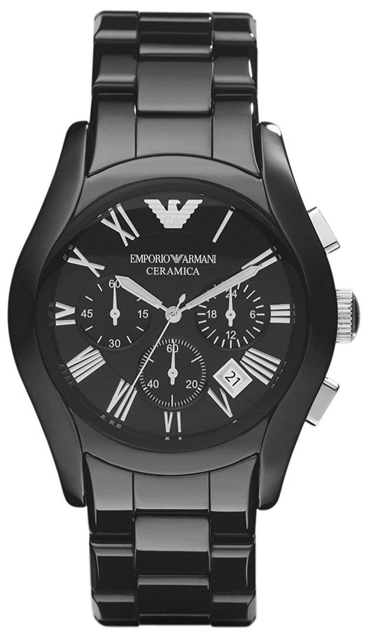 Emporio Armani Valente Chronograph Ceramic Black Dial Black Steel Strap Watch For Men - AR1400