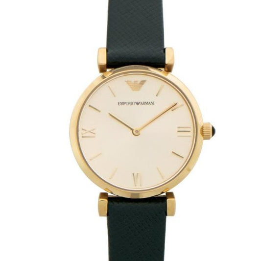 Emporio Armani Retro Champagne Beige Dial Green Leather Strap Watch For Women - AR1726