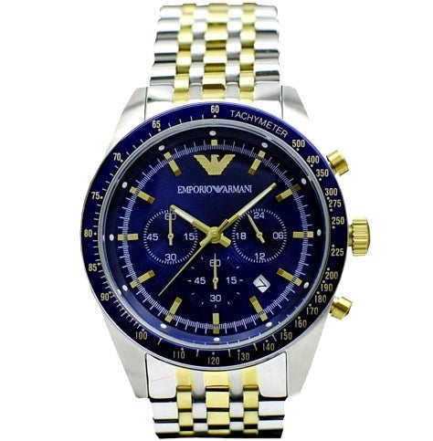 Emporio Armani Tazio Chronograph Blue Dial Two Tone Steel Strap Watch For Men - AR6088