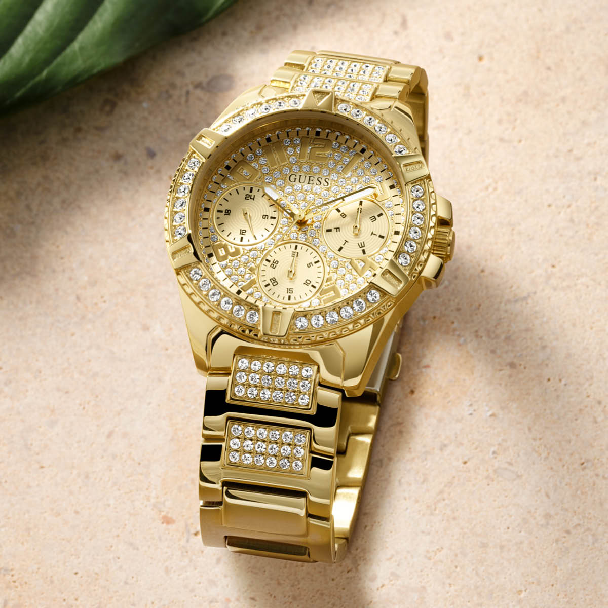 Guess Frontier Diamonds Gold Dial Gold Steel Strap Watch For Women - W1156L2