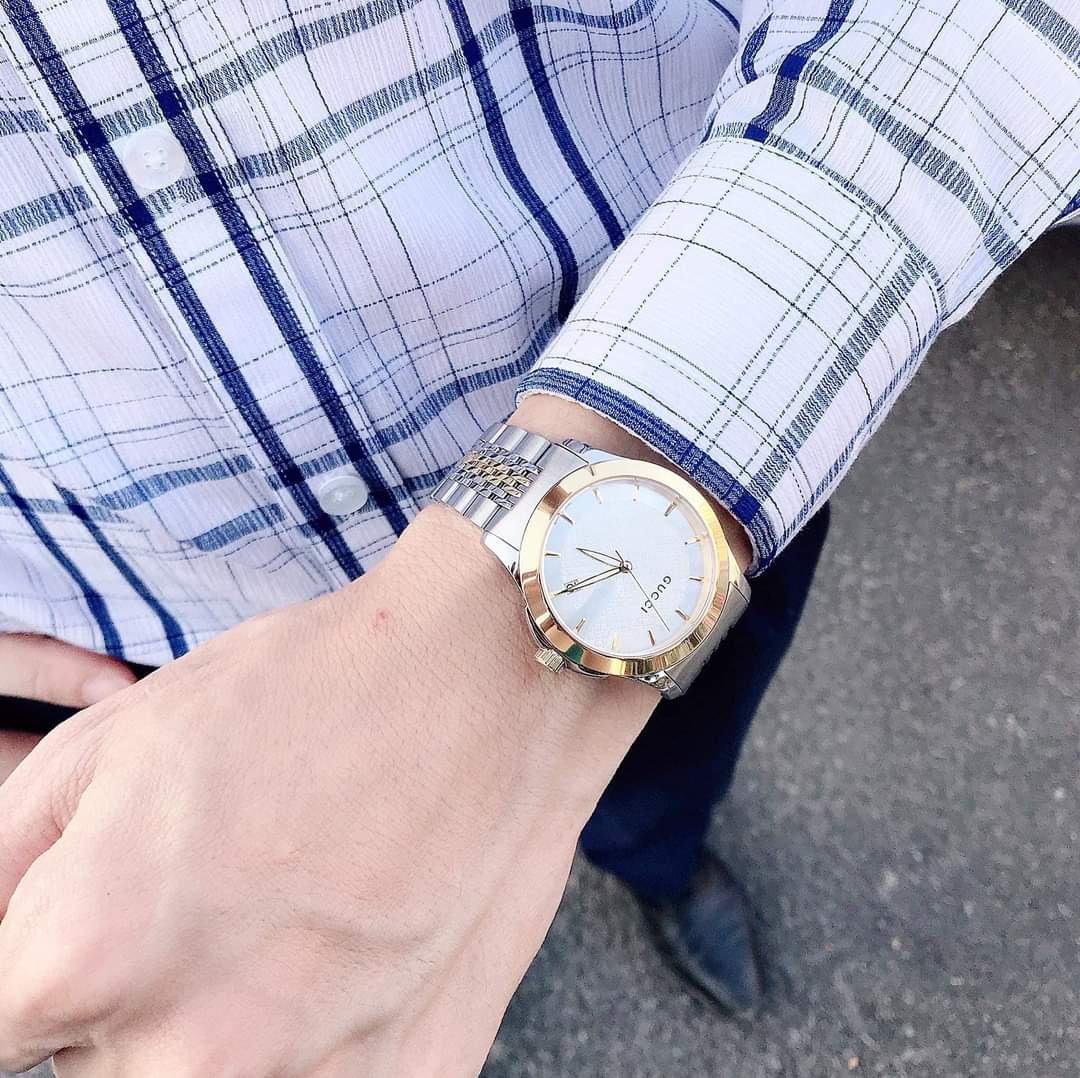 Gucci G Timeless Quartz Silver Dial Two Tone Mesh Bracelet Watch For Men - YA126409