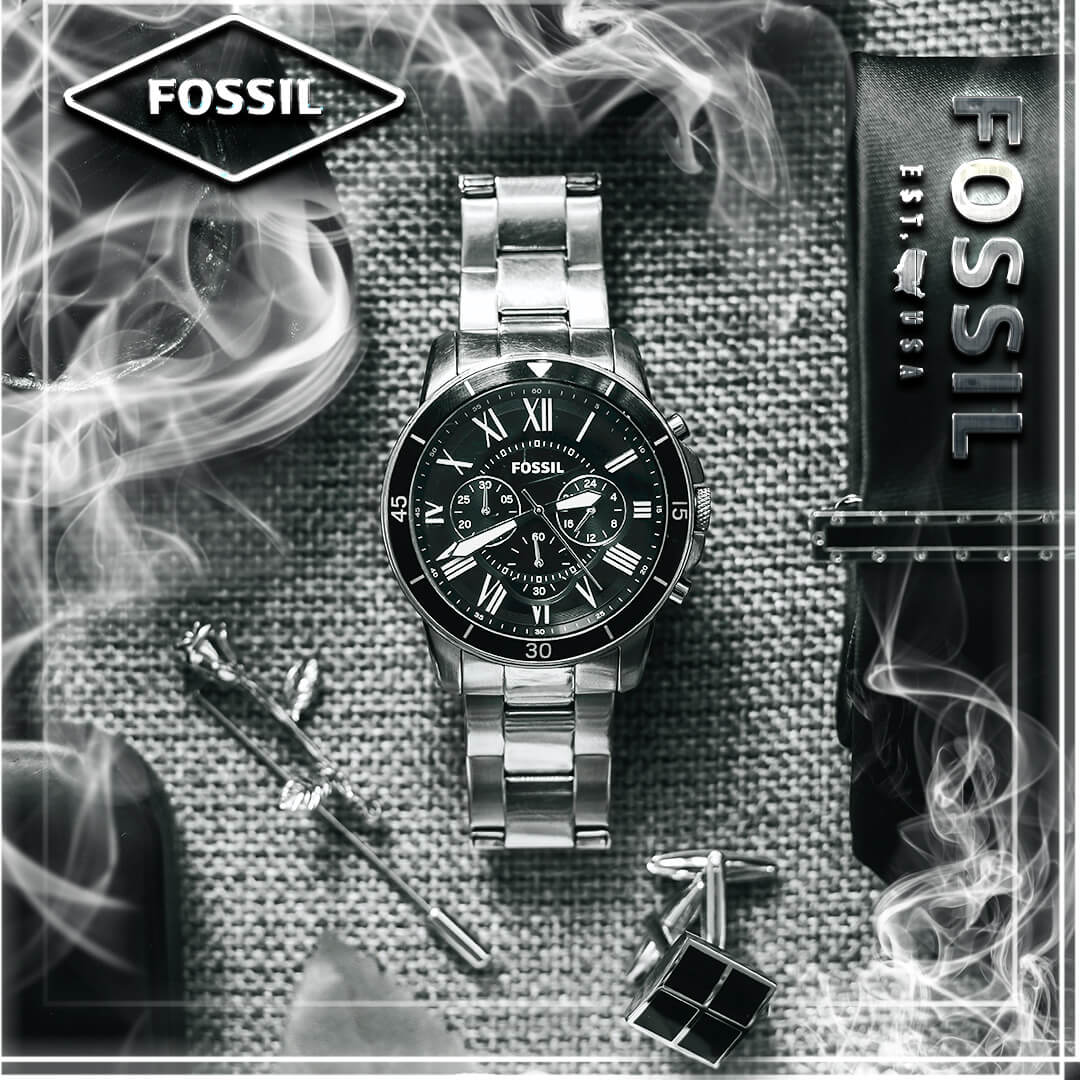 Fossil Grant Sport Chronograph Black Dial Silver Steel Strap Watch for Men - FS5236