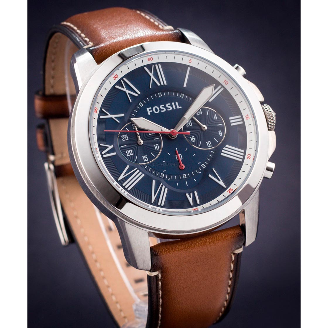 Fossil Grant Chronograph Blue Dial Brown Leather Strap Watch for Men - FS5210