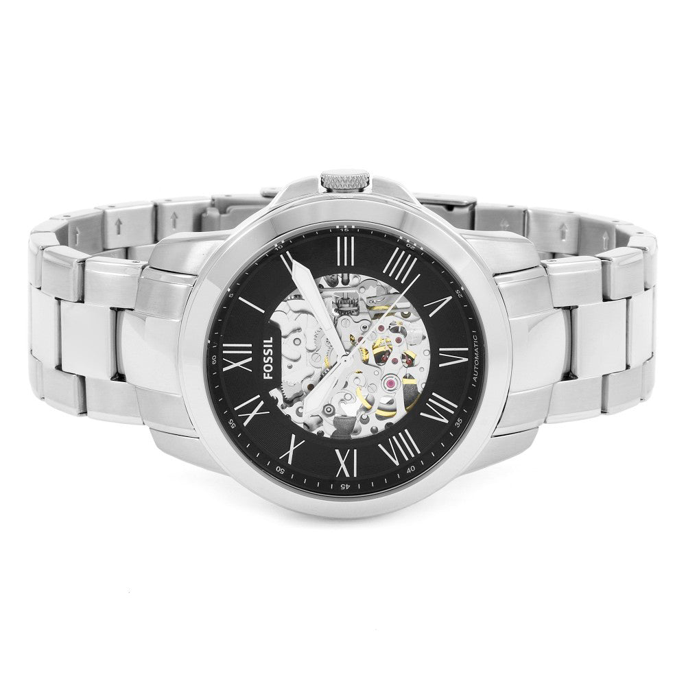 Fossil Grant Automatic Skeleton Black Dial Silver Steel Strap Watch for Men - ME3103