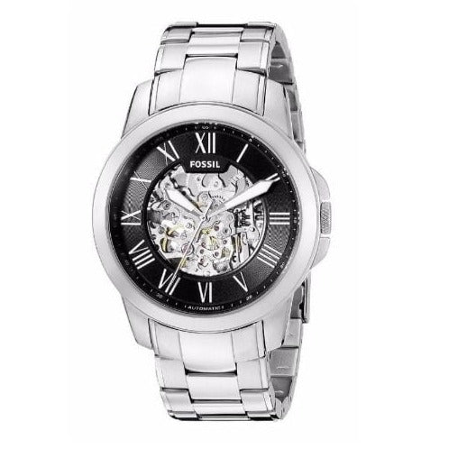 Fossil Grant Automatic Skeleton Black Dial Silver Steel Strap Watch for Men - ME3103