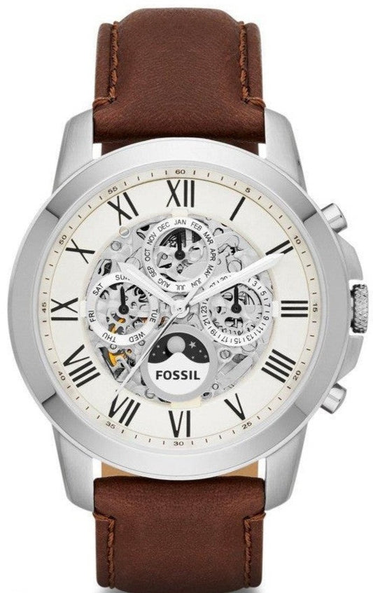 Fossil Grant Automatic Skeleton White Dial Brown Leather Strap Watch for Men -  ME3027