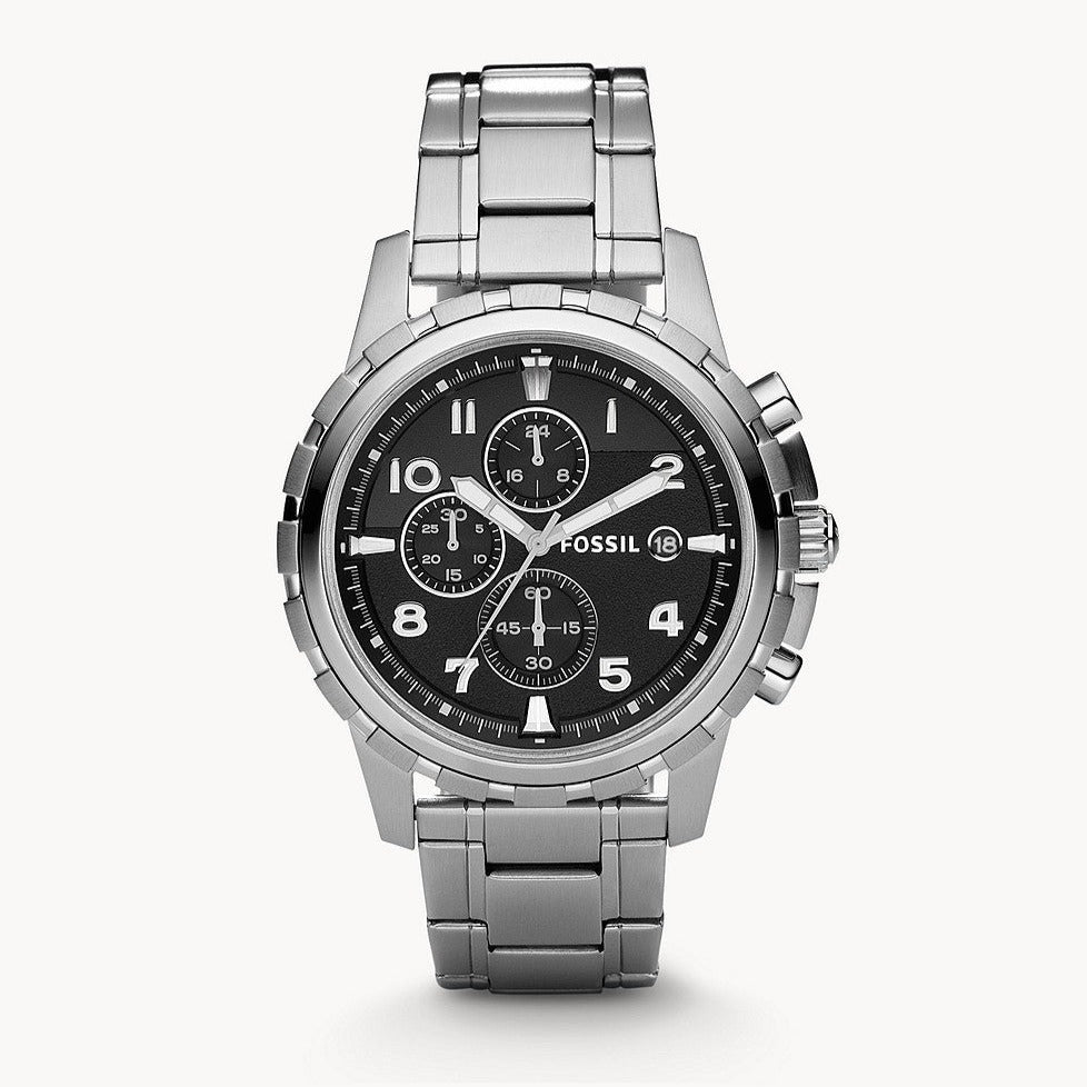 Fossil Dean Chronograph Black Dial Silver Steel Strap Watch for Men - FS4542