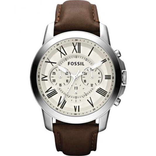 Fossil Grant Chronograph Beige Dial Brown Leather Strap Watch for Men - FS4735