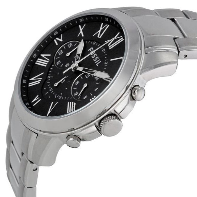 Fossil Grant Chronograph Black Dial Silver Steel Strap Watch for Men - FS4736