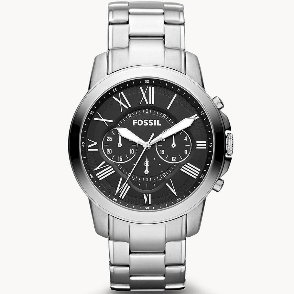 Fossil Grant Chronograph Black Dial Silver Steel Strap Watch for Men - FS4736