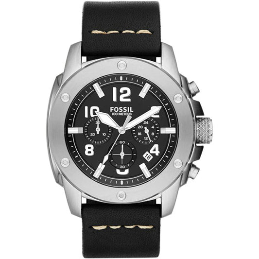 Fossil Modern Machine Chronograph Black Dial Black Leather Strap Watch for Men - FS4928