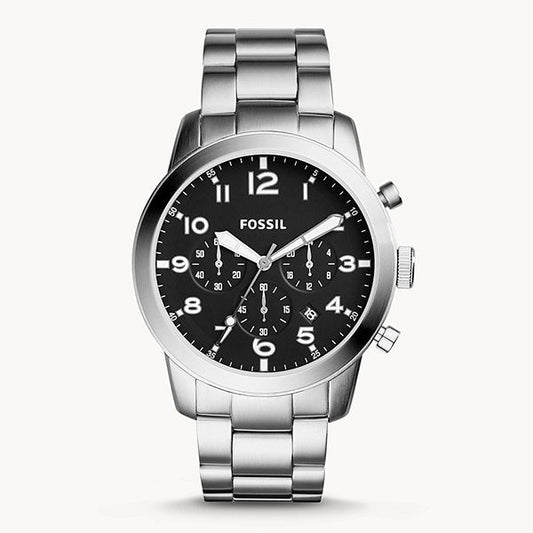 Fossil Pilot Chronograph Black Dial Silver Steel Strap Watch for Men - FS5141