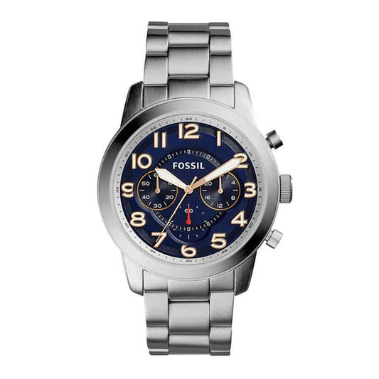 Fossil Pilot 54 Chronograph Navy Blue Dial Silver Steel Strap Watch for Men - FS5203