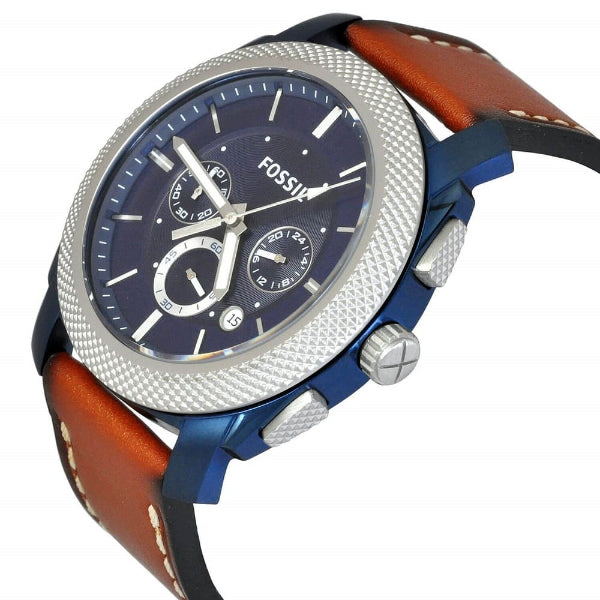 Fossil Machine Chronograph Blue Dial Brown Leather Strap Watch for Men - FS5232