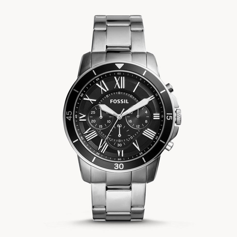 Fossil Grant Sport Chronograph Black Dial Silver Steel Strap Watch for Men - FS5236