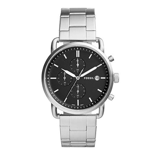 Fossil The Commuter Chronograph Black Dial Silver Steel Strap Watch for Men - FS5399