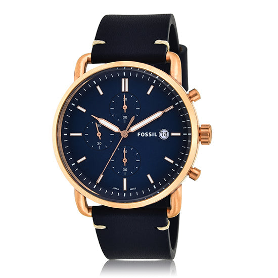 Fossil The Commuter Chronograph Blue Dial Blue Leather Strap Watch for Men - FS5404