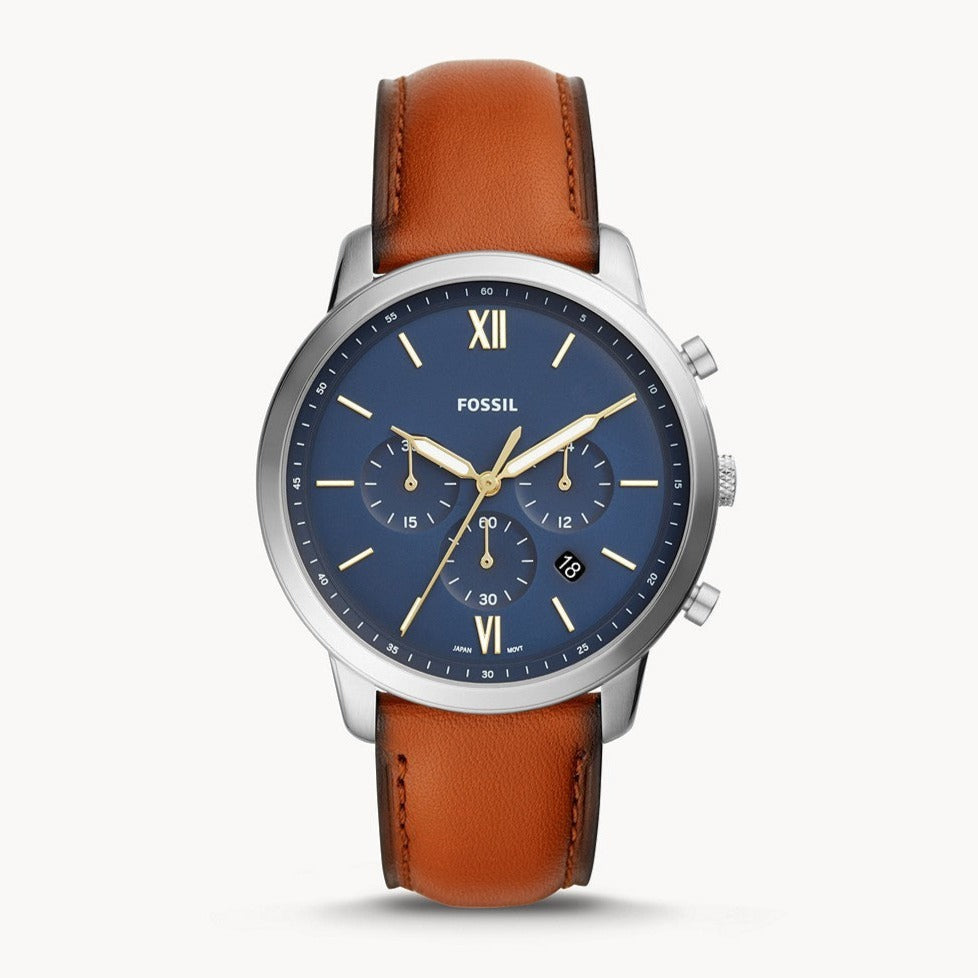 Fossil Neutra Chronograph Blue Dial Brown Leather Strap Watch for Men - FS5453