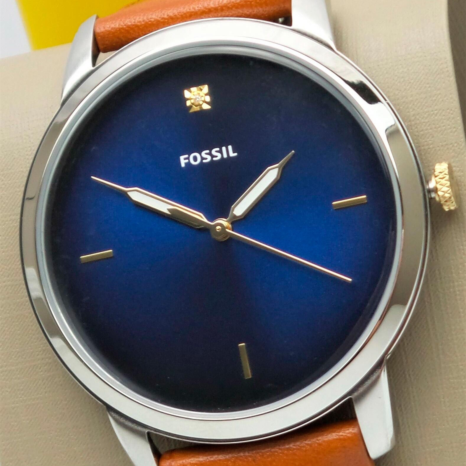 Fossil The Minimalist 3H Blue Dial Brown Leather Strap Watch for Men - FS5499