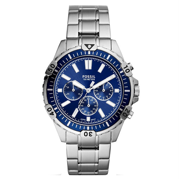 Fossil Garrett Chronograph Blue Dial Silver Steel Strap Watch for Men - FS5623