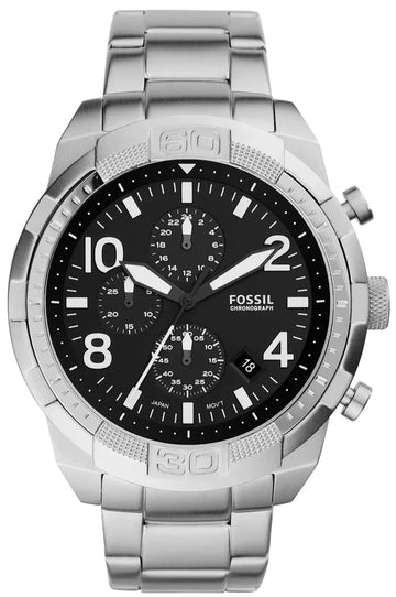 Fossil Bronson Chronograph Black Dial Silver Steel Strap Watch for Men - FS5710