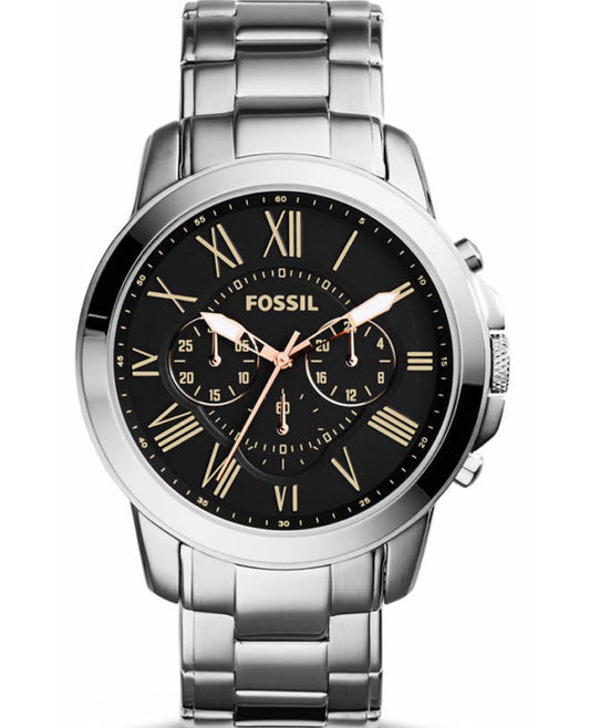 Fossil Grant Chronograph Black Dial Silver Steel Strap Watch for Men - FS4994