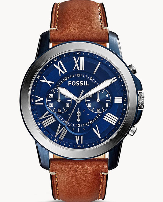 Fossil Grant Chronograph Blue Dial Brown Leather Strap Watch for Men - FS5151