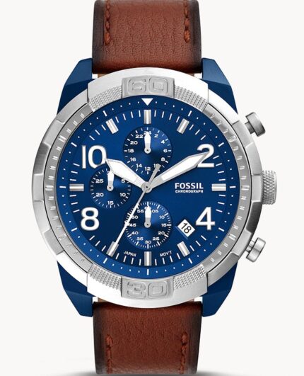 Fossil Nate Chronograph Blue Dial Brown Leather Strap Watch for Men - JR1504