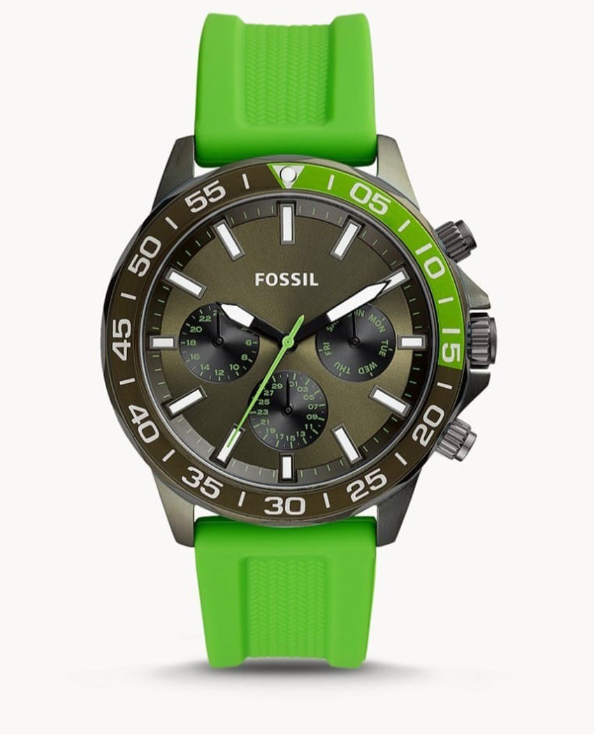 Fossil Bannon Chronograph Grey Dial Green Silicone Strap Watch for Men - BQ2501