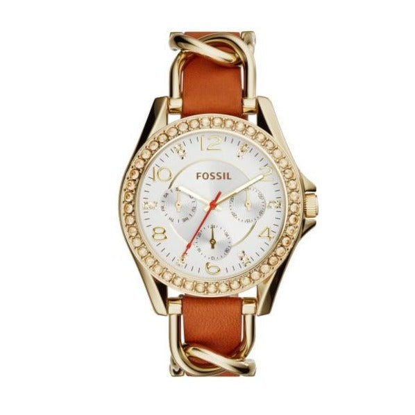 Fossil Riley Multifunction White Dial Orange Leather Strap Watch for Women - ES3723