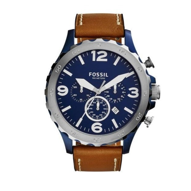 Fossil Nate Chronograph Blue Dial Brown Leather Strap Watch for Men - JR1504