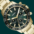 Fossil Bannon Multifunction Chronograph Green Dial Gold Steel Strap Watch for Men - BQ2493