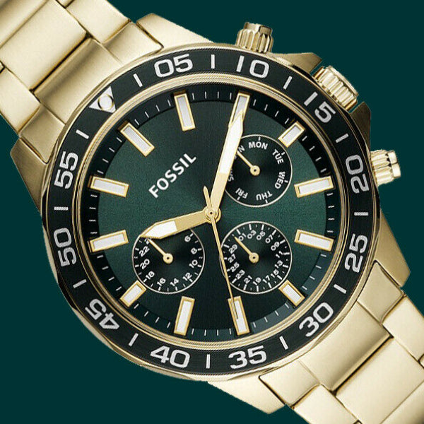 Fossil Bannon Multifunction Chronograph Green Dial Gold Steel Strap Watch for Men - BQ2493