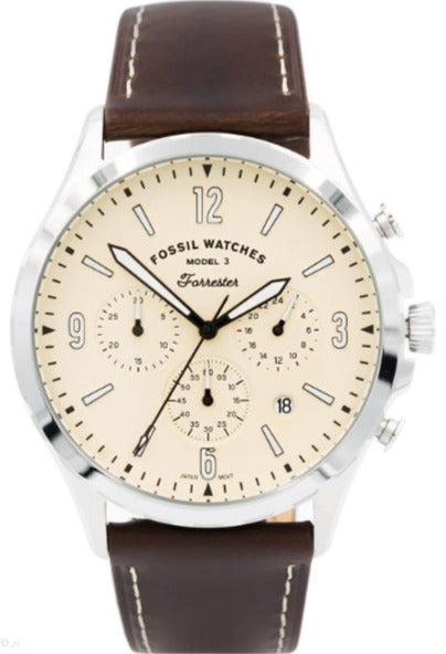 Fossil Forrester Chronograph Cream Dial Brown Leather Strap Watch for Men - FS5696