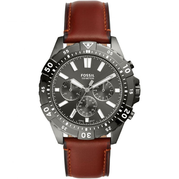 Fossil Garrett Chronograph Grey Dial Brown Leather Strap Watch for Men - FS5770