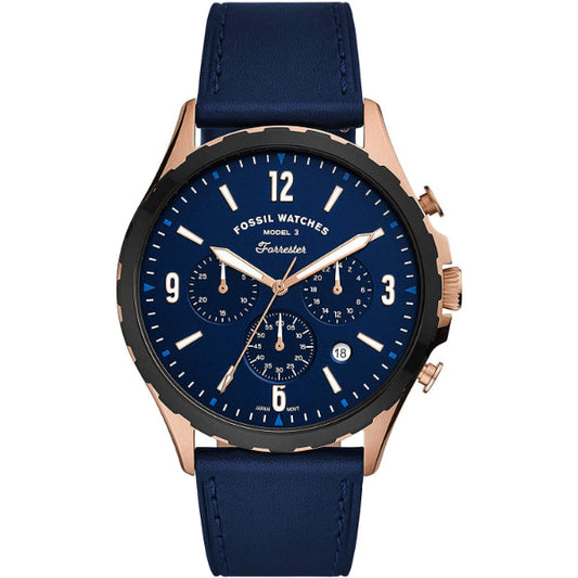 Fossil Forrester Chronograph Blue Dial Blue Leather Strap Watch for Men - FS5814