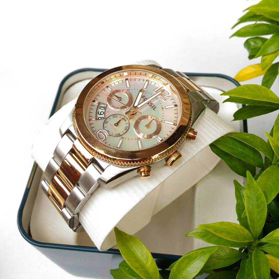 Fossil Perfect Boyfriend Mother of Pearl White Dial Two Tone Steel Strap Watch for Women - ES4135