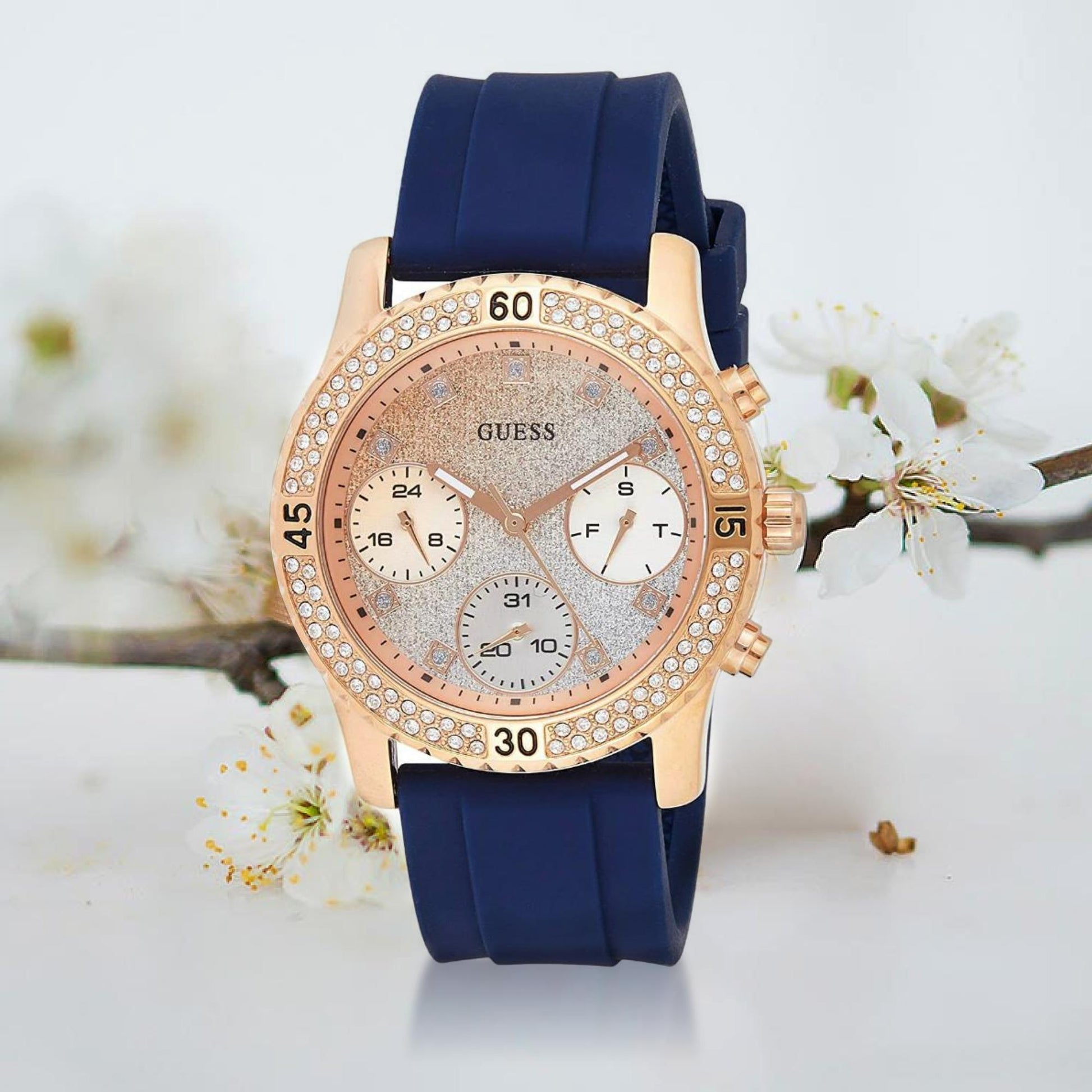 Guess Confetti Diamonds Gold Dial Blue Rubber Strap Watch For Women - W1098L6