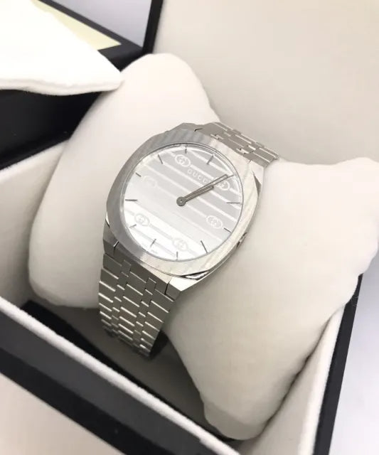 Gucci 25H Quartz Silver Dial Silver Steel Strap Unisex Watch - YA163407