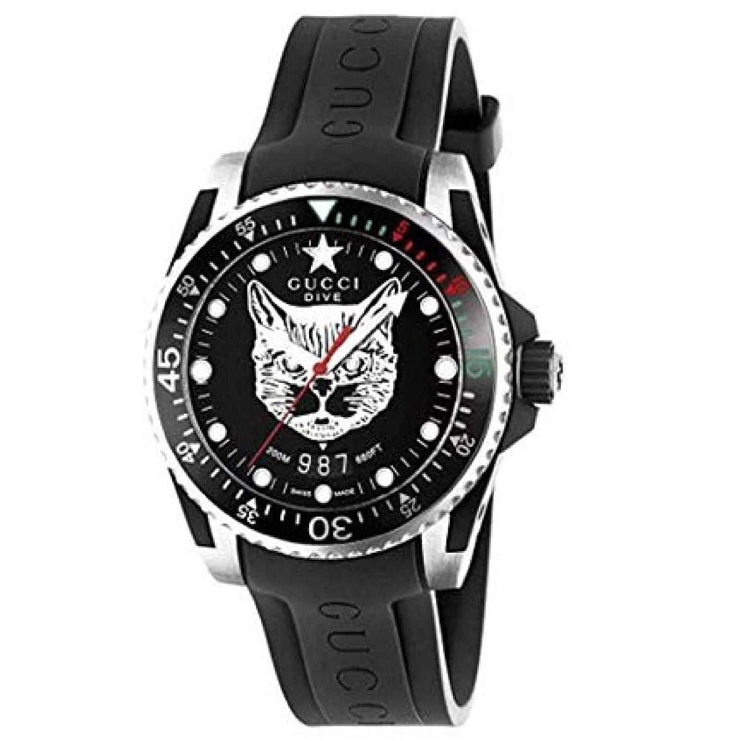 Gucci Dive Feline Quartz Black Dial Black Rubber Strap Watch For Men - YA136323