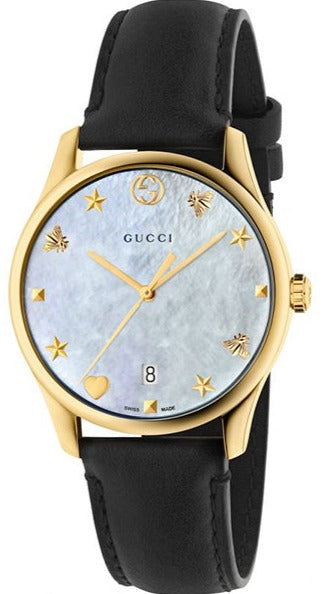 Gucci G-Timeless Quartz Mother of Pearl Dial Black Leather Strap Watch For Women - YA1264044