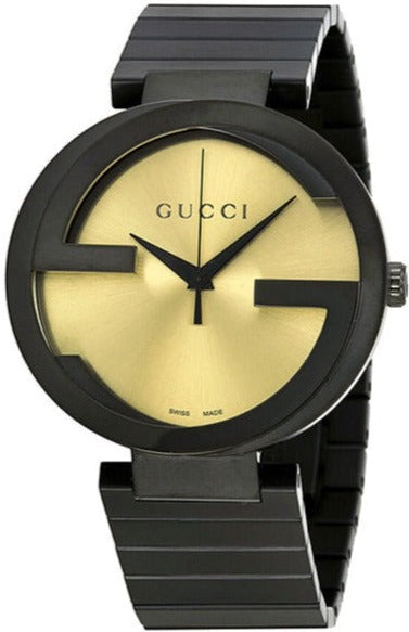 Gucci Interlocking Grammy XL Gold Dial Black Steel Strap Watch for Men - YA133209
