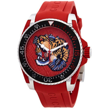 Gucci Dive Red Dial Red Emroidered Tiger Rubber Watch For Men - YA136315