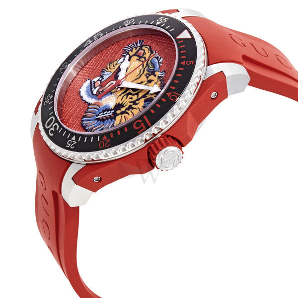 Gucci Dive Red Dial Red Emroidered Tiger Rubber Watch For Men - YA136315