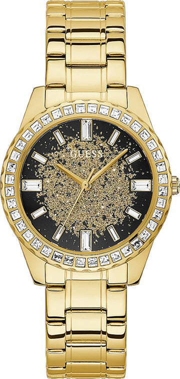 Guess Night Life Diamonds Black Dial Gold Steel Strap Watch for Women - GW0405L2