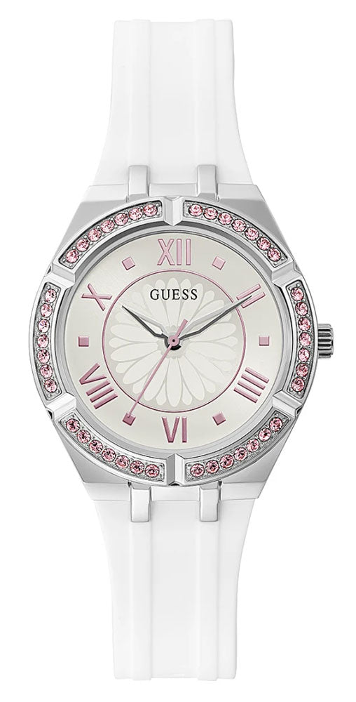 Guess Sparkling Silver Dial White Rubber Strap Watch For Women - GW0032L1