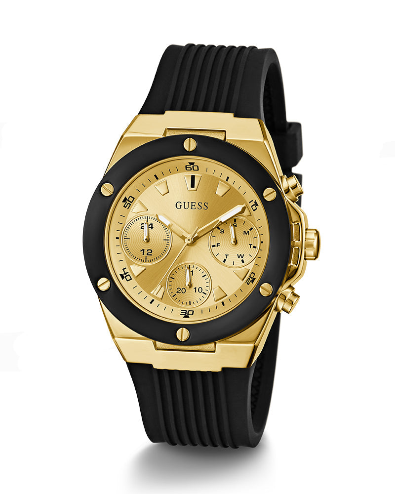 Guess Athena Gold Dial Black Rubber Strap Watch For Women - GW0030L2